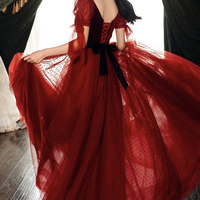 Burgundy Velvet Tulle Long Prom Dress, A-Line Evening Party Dress - Thumbnail 2