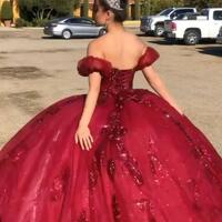 Off shoulder burgundy tulle lace long prom dresses  - Thumbnail 1
