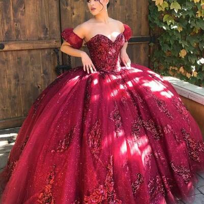 Off shoulder burgundy tulle lace long prom dresses  - Thumbnail 1