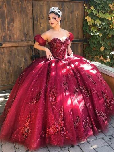 Off shoulder burgundy tulle lace long prom dresses 
