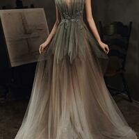 Elegant v neck tulle sequin long prom dress - Thumbnail 1