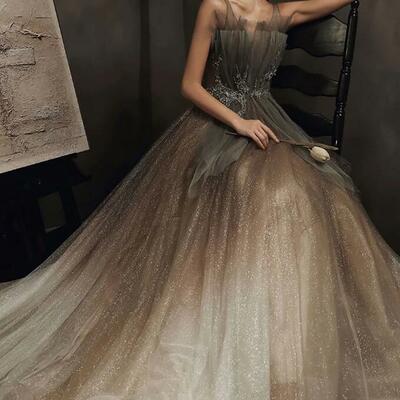 Elegant v neck tulle sequin long prom dress - Thumbnail 2