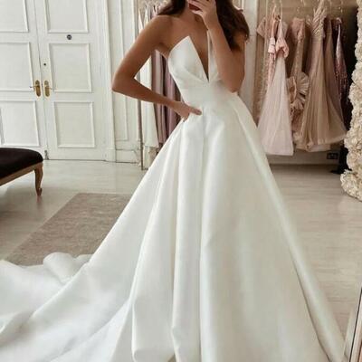 Simple mermaid white satin long prom dresses - Thumbnail 3