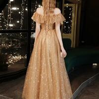 Off Shoulder A Line Gold Tulle Prom Dresses - Thumbnail 2