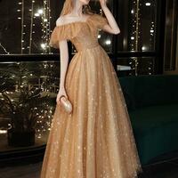 Off Shoulder A Line Gold Tulle Prom Dresses - Thumbnail 1