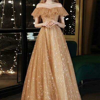 Off shoulder a line gold tulle prom dresses - Thumbnail 3