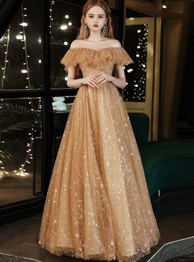Off Shoulder A Line Gold Tulle Prom Dresses