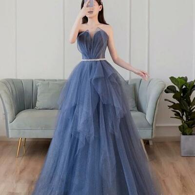 Sweetheart blue a line tulle prom dresses - Thumbnail 1