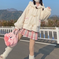 Snow Velvet Rabbit Vanilla Faux Wool Fur Plush Thick Winter White Hooded Coat - Thumbnail 1