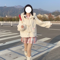 Snow Velvet Rabbit Vanilla Faux Wool Fur Plush Thick Winter White Hooded Coat - Thumbnail 2