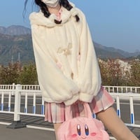 Snow Velvet Rabbit Vanilla Faux Wool Fur Plush Thick Winter White Hooded Coat - Thumbnail 3