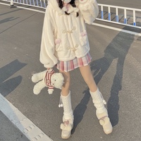 Snow Velvet Rabbit Vanilla Faux Wool Fur Plush Thick Winter White Hooded Coat - Thumbnail 4