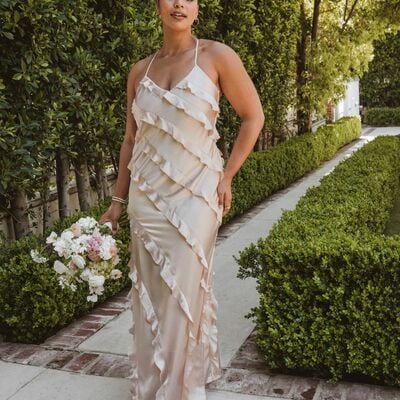 Charming sheath v neck champagne silk satin long bridesmaid dresses