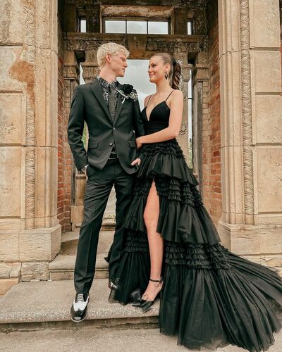 Cute A Line Tulle V Neck Black Tulle Prom Dresses with Slit