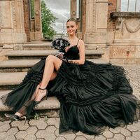 Cute A Line Tulle V Neck Black Tulle Prom Dresses with Slit - Thumbnail 1