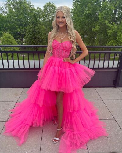 Cute A Line V Neck Hot Pink Tulle High Low Long Prom Dresses