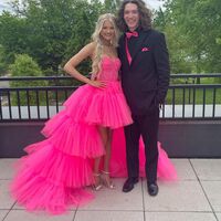 Cute A Line V Neck Hot Pink Tulle High Low Long Prom Dresses - Thumbnail 1
