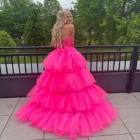 Cute A Line V Neck Hot Pink Tulle High Low Long Prom Dresses - Thumbnail 2
