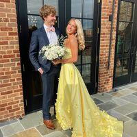 Fashion A Line Yellow Satin Prom Dresses with 3D Flowers - Thumbnail 1