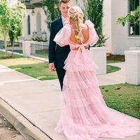 Cute A Line Pink Tulle Prom Dresses with Ruffled Sleeves - Thumbnail 3
