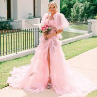 Cute A Line Pink Tulle Prom Dresses with Ruffled Sleeves - Thumbnail 1
