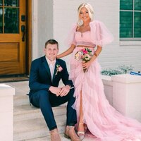 Cute A Line Pink Tulle Prom Dresses with Ruffled Sleeves - Thumbnail 2