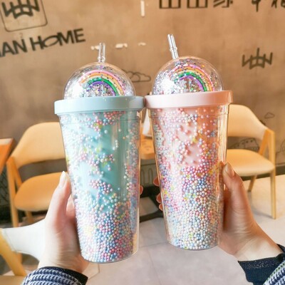 Cute rainbow ice cup double layer handy cup student straw cup water cup - Thumbnail 4