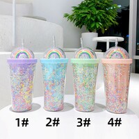 Cute Rainbow Ice Cup Double Layer Handy Cup Student Straw Cup Water Cup - Thumbnail 4