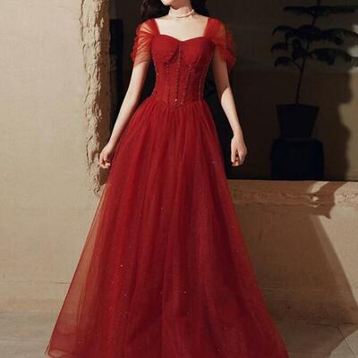 Simple off shoulder burgundy tulle prom dress  - Thumbnail 1