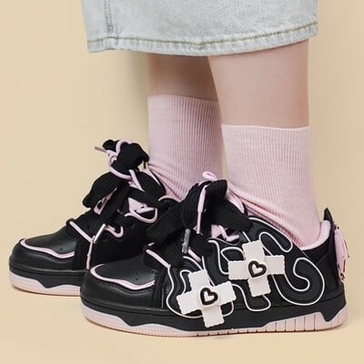 Dark sweetheart devil wings cross thick soles girl women black pink sporty sneaker running shoes - Thumbnail 4