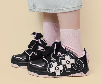 Dark Sweetheart Devil Wings Cross Thick Soles Girl Women Black Pink Sporty Sneaker Running Shoes