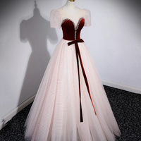 Cute Velvet Tulle Long Prom Dress, A-Line Evening Party Dress - Thumbnail 2