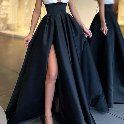 Simple a line v neck black white split prom dresses - Thumbnail 1