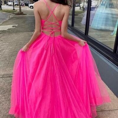 A line hot pink v neck backless chiffon prom dresses - Thumbnail 1