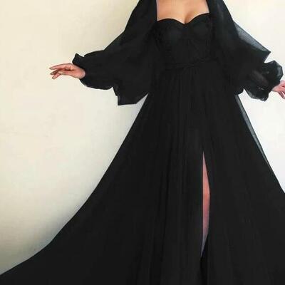 A line black long sleeves formal prom dresses - Thumbnail 2