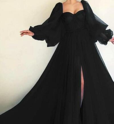 A Line Black Long Sleeves Formal Prom Dresses