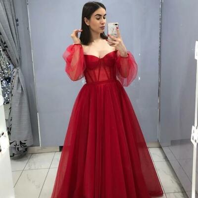 Floor length burgundy tulle long prom dresses - Thumbnail 1