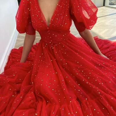 A line red v neck tulle long prom dresses