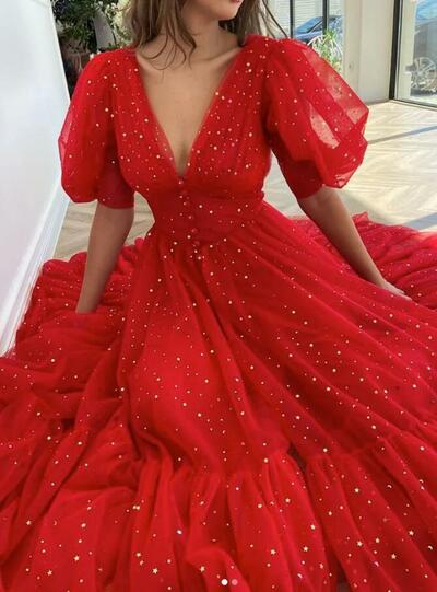 A Line Red v neck tulle long prom dresses
