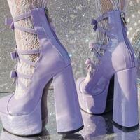 Womens Fashion Pointy Toe Bowknot  Mary Jane Shoes Block High Heels Boots - Thumbnail 4