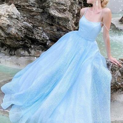 Shiny a line light blue backless prom dresses with straps - Thumbnail 4