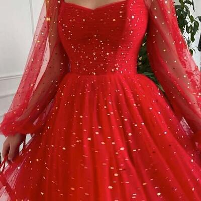 Shiny long sleeves short red prom dresses - Thumbnail 1
