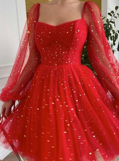 Shiny Long Sleeves Short Red Prom Dresses