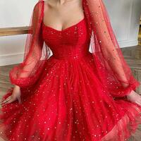 Shiny Long Sleeves Short Red Prom Dresses - Thumbnail 1