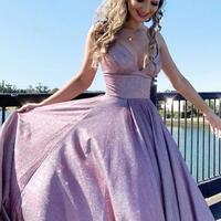 Shiny A Line V Neck Long Sequin Prom Dresses - Thumbnail 1