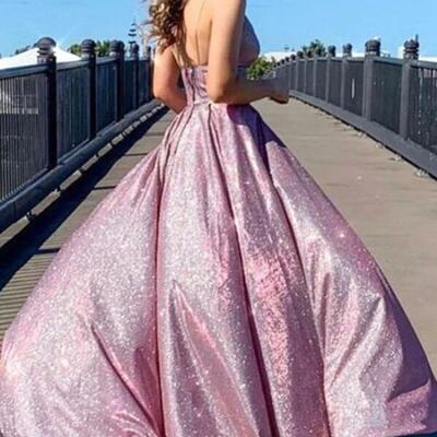 Shiny a line v neck long sequin prom dresses - Thumbnail 4
