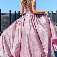 Shiny A Line V Neck Long Sequin Prom Dresses - Thumbnail 2