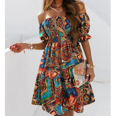 Off shoulder fashion sexy short sleeve printed dress - Thumbnail 1