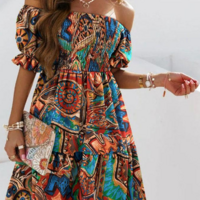 Off Shoulder Fashion Sexy Short Sleeve Printed Dress - Thumbnail 2