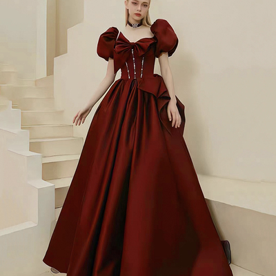 Burgundy satin long prom dress, burgundy short sleeve evening dress